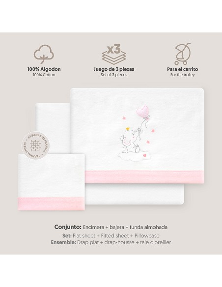 Triptico Coche Franela Elefante Globo Corazon Bco/Rosa