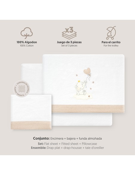 Triptico Coche Franela Elefante Globo Corazon Bco/Beig